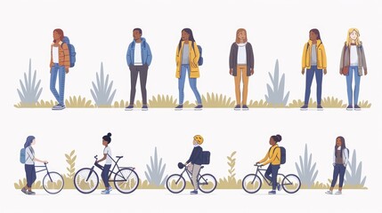 Diverse Group of People Walking and Biking in Park