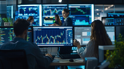 Two individuals analyzing crypto charts in a dimly lit room
