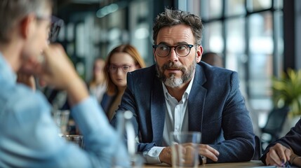 Obraz premium Businessman In Meeting Listening To Colleague