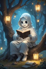 Cute Gentle Ghost Reading a Book Under a Majestic Tree