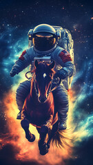 Fototapeta premium A Astronaut riding a tall steed, galloping out of the galaxy. The astronaut is wearing a spacesuit, and the steed is very tall and strong. 