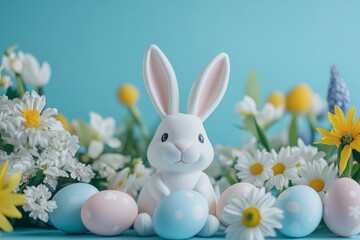 Obraz premium Easter bunny and Easter eggs on a blue background with spring flowers .geneative ai