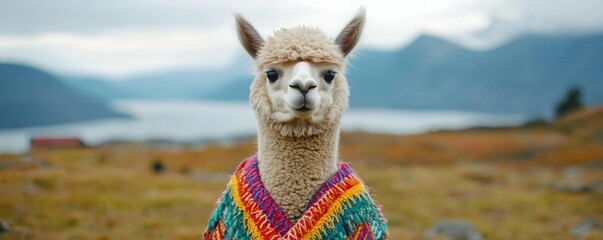 Llama wearing a colorful poncho in a scenic landscape with mountains and a lake in the background.