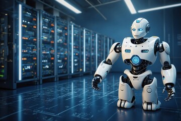 Cute White Robot Standing Against a Blue Background, Creating an Atmosphere of Technology