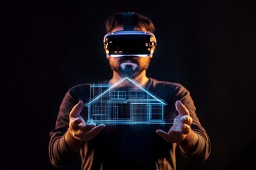 Interaction between a human and AI, person wearing a VR headset, modern interior, technology and human