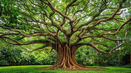 Obraz premium Majestic Old Tree With Lush Canopy and Exposed Roots in a Tropical Forest