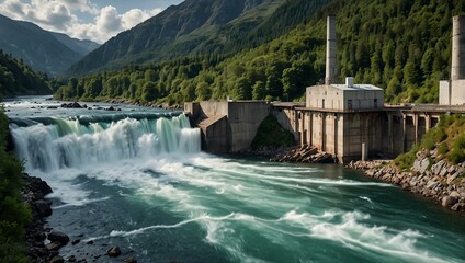 Hydro power station showcasing renewable energy in a natural landscape.