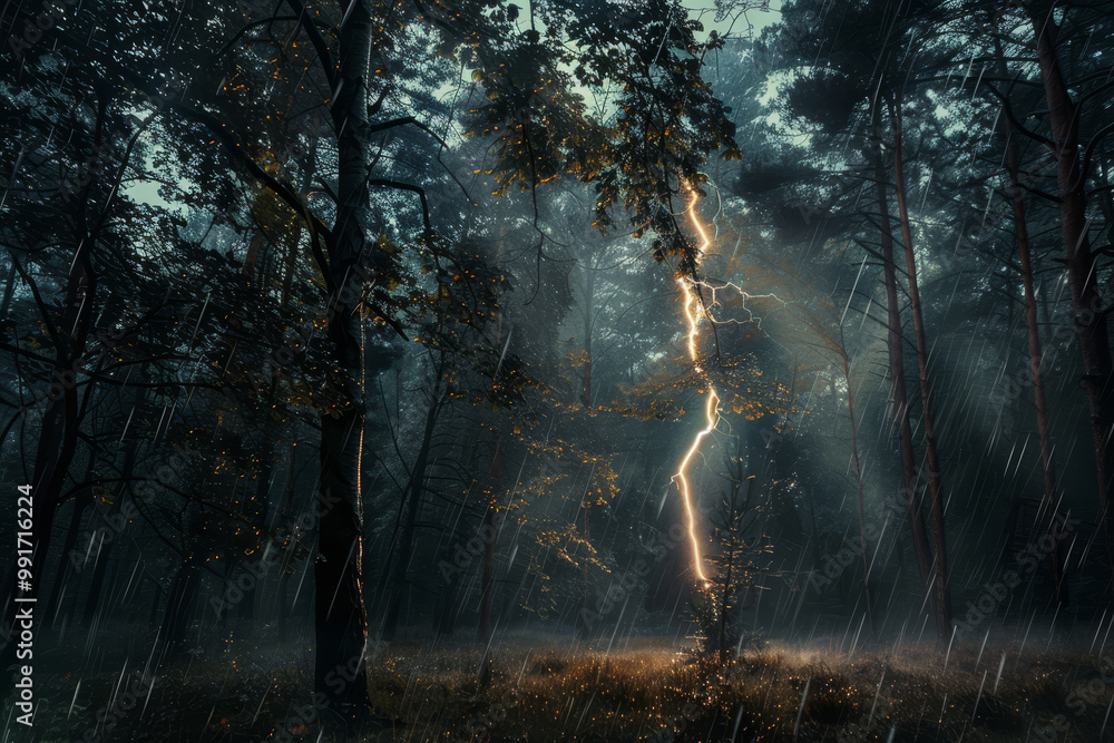 Poster a tree with a lightning bolt in the middle of it