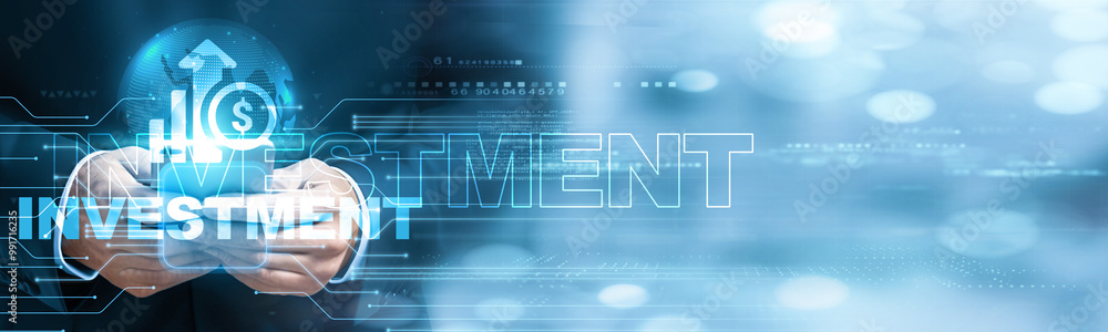 Aufkleber businessman using mobile smartphone and investment icon network connection to analyze data with grow