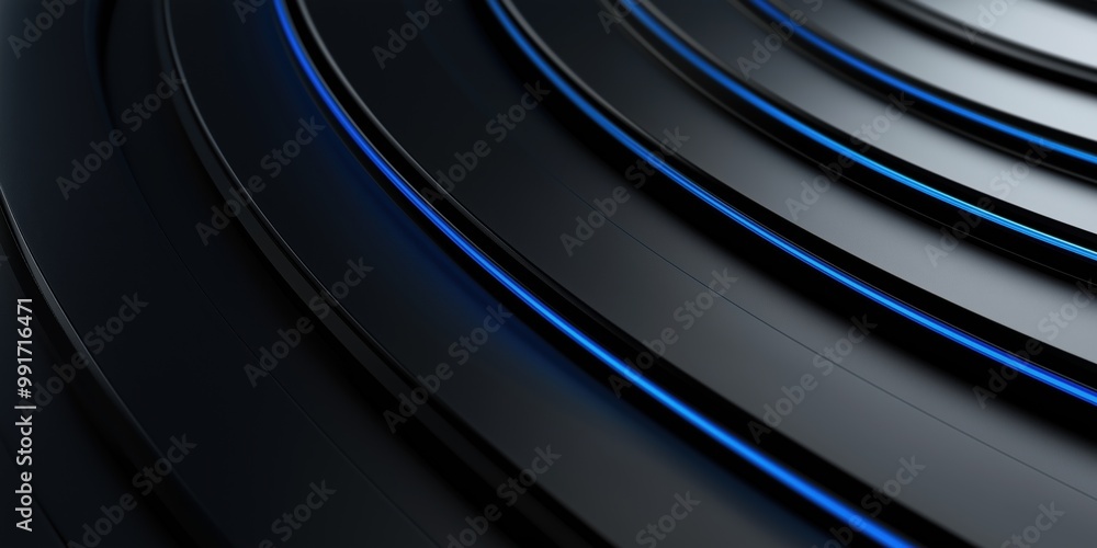 Wall mural black background with blue curves, abstract wave-like shapes creating a sleek and futuristic design 