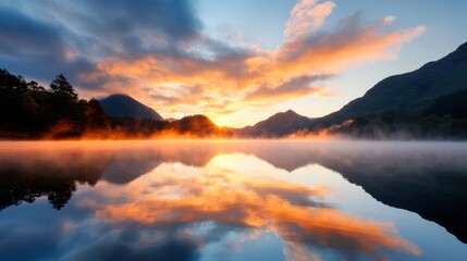 Fototapeta premium A mist shrouded lake reflects the warm glow of the setting sun, creating a surreal scene where the boundaries between sky and water blur.
