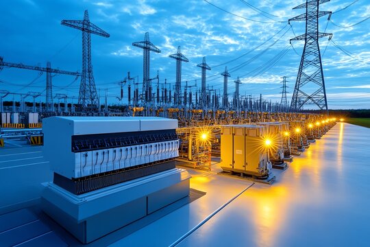 A high-voltage power plant, with large transformers and electrical pylons, distributing energy to a wide region