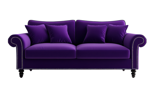 A luxurious purple velvet sofa with plush cushions, exuding elegance and style, ideal for modern or eclectic interior decor.