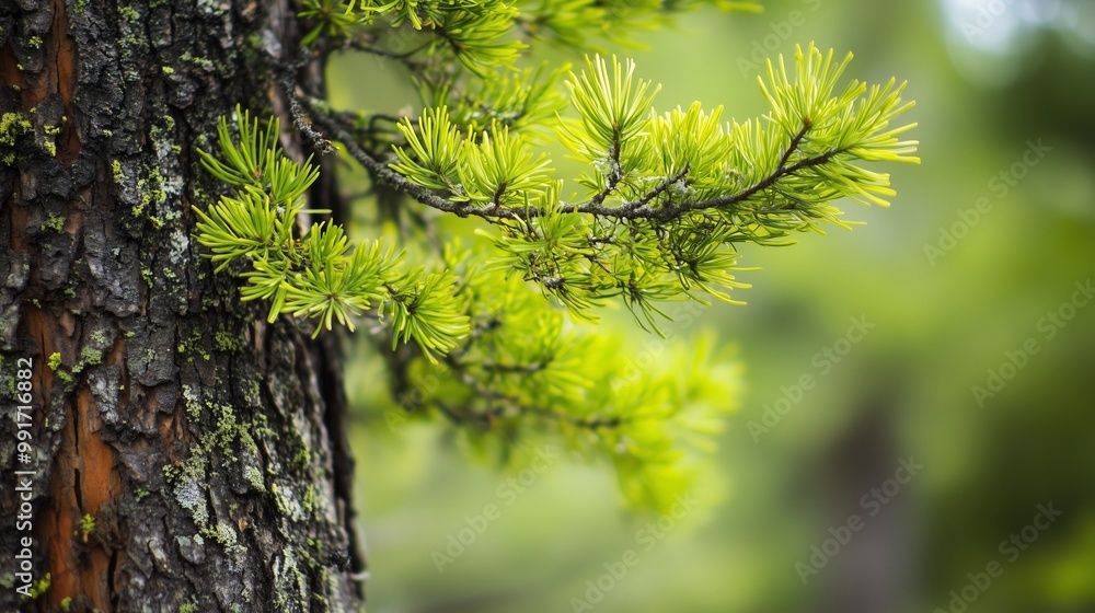 Poster a close-up view of green pine needles growing on a textured tree trunk in a serene forest during day