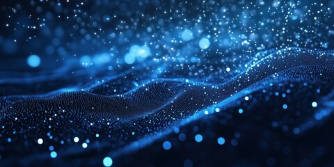 Blue sparkling wave with glittering particles on a dark background, elegant and dynamic abstract design with shimmering blue hues.