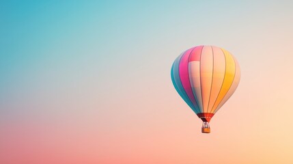 Obraz premium A lone hot air balloon floats gently through the sky, its colorful silhouette illuminated by the warm glow of a setting sun, as if it were a part of a whimsical dream.