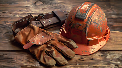 A vivid construction helmet resting on a robust work table