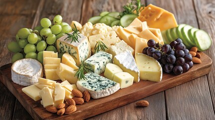 a rustic wooden board filled with a selection of gourmet cheeses, such as creamy brie, aged cheddar, and tangy blue cheese