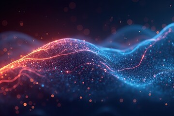 Fototapeta premium Abstract futuristic waves of blue and red light particles in motion.