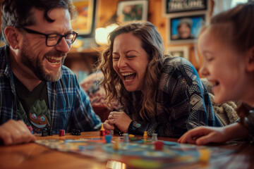 Fototapeta premium A family of three is playing a board game together, with the man