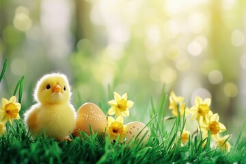 Easter eggs, chicks and daffodils in green grass. Happy Easter! Beautiful Easter background .geneative ai
