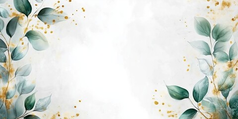 Abstract white page with watercolor green leaves and golden splashes, perfect for botanical-themed designs, nature-inspired invitations or stationery.
