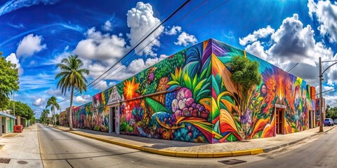 Fototapeta premium Colorful graffiti art on the street walls of Wynwood area in Miami Florida, captured in a wide-angle shot, Vibrant, City, Murals, Creativity, Trendy, Wynwood, Culture, Spray paint