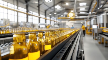 A modern industrial setting showcasing a conveyor belt filled with glass bottles, highlighting an efficient production line in a factory environment.