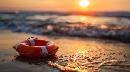 A vibrant life preserver on the beach, illuminated by sunset hues