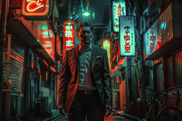 Fototapeta premium A man in a suit walks down a street with neon signs in the background