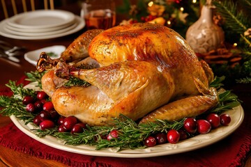 Roasted turkey garnished with herbs and cranberries on a holiday dinner table