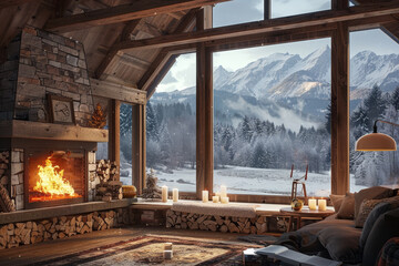 A cozy cabin with a fireplace and a large window overlooking a snowy mountain