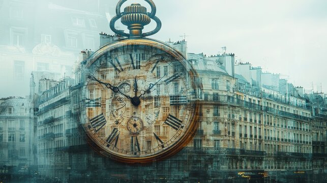 An antique pocket watch blends with Parisian architecture in a stunning double exposure photograph