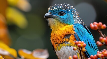 Portrait of the Quetzal Bird in the wild . A magnificent sacred mystical green-red mystical bird. Magnificent quetzal in the jungle