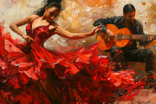 A woman in a red dress is dancing with a man playing a guitar