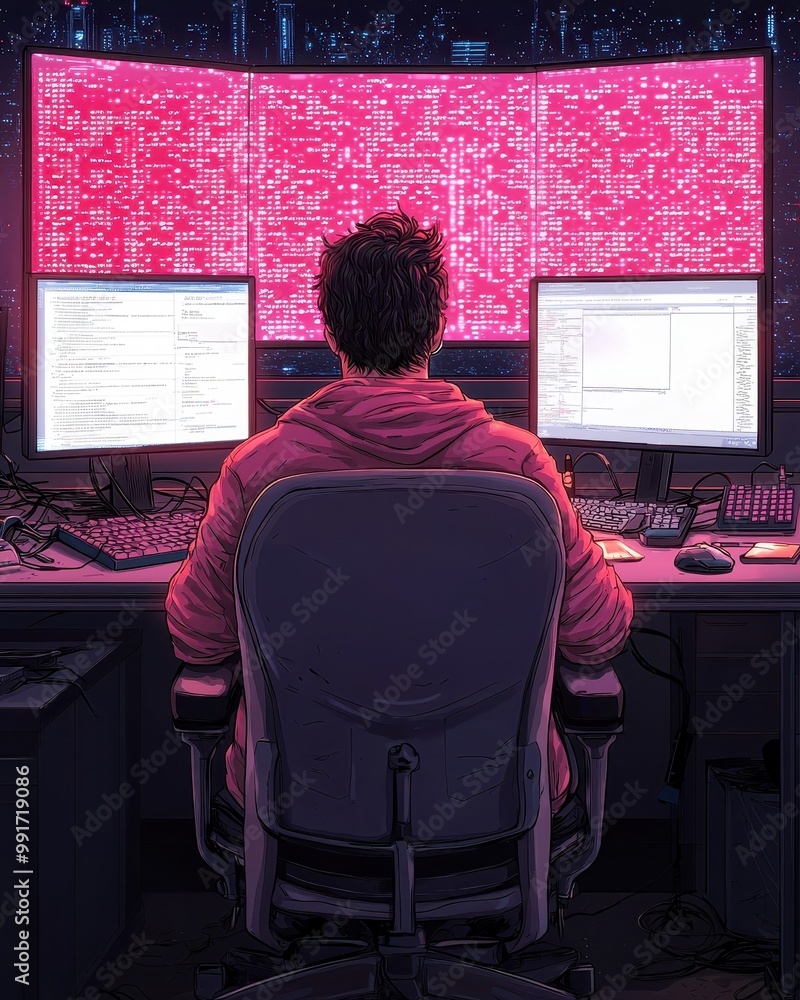 Aufkleber a focused individual analyzes data on multiple screens, immersed in a digital environment with vibra
