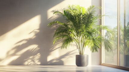 Fototapeta premium Indoor palm plant casting shadows near large windows in a sunlit room during the afternoon