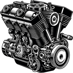 Classic motorcycle engine vector illustration. vintage motorcycle engine logo. Illustration of the vintage custom motorcycle, chopper engine. Monochrome style.