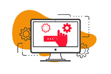 Cartoon flat style drawing businessman helping his partner to lifting cogs or gears on top of stairs. Teamwork, goal achievement, solution, success, winner concept. Graphic design vector illustration