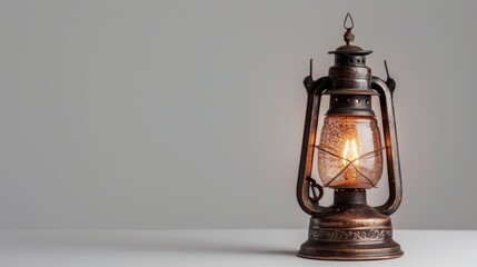 Antique Oil Lamp on a White Table - Isolated Background