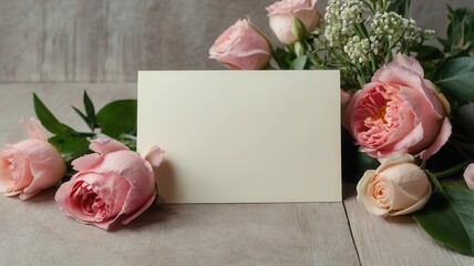Greeting Card, Holidays, Envelope, Flowers, Roses, Congratulations, Happiness, Bouquet, Wooden Table, Business Card 