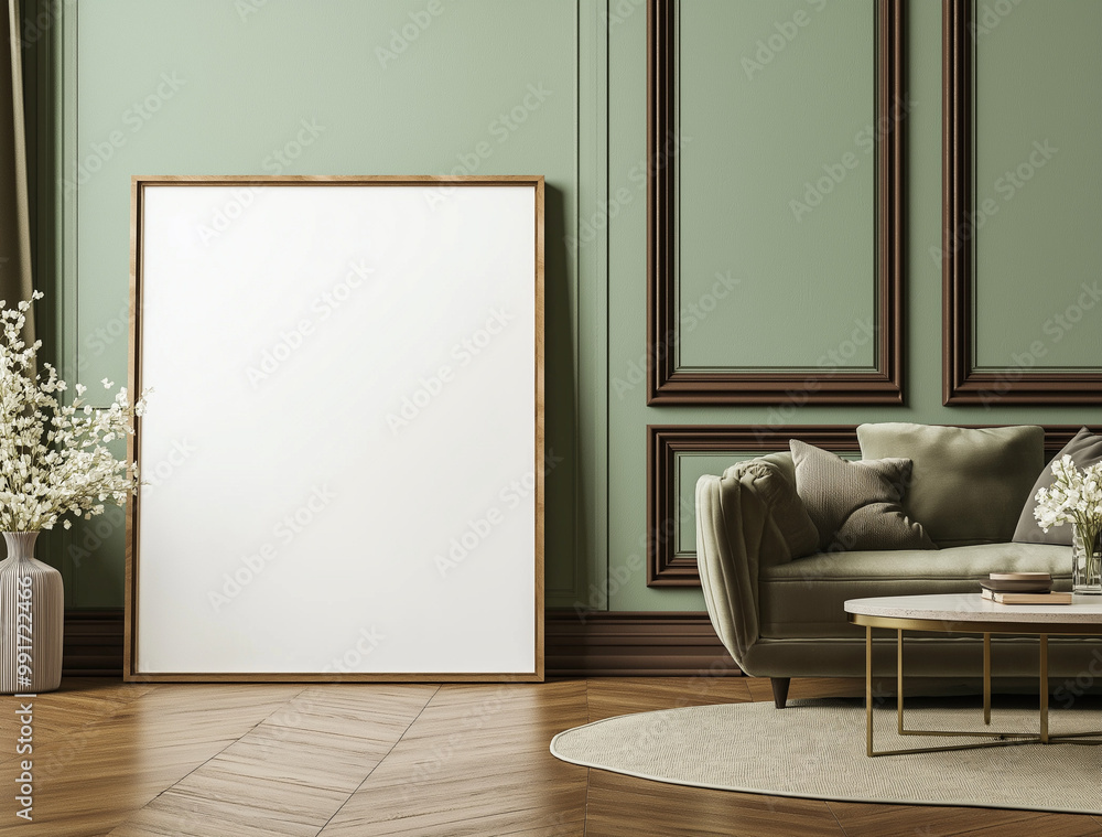 Wall mural a white poster in wooden frame for mockup on the floor and flowers in a vase on the table