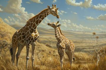 Obraz premium A painting of two giraffes standing in a field with a third giraffe in the backg