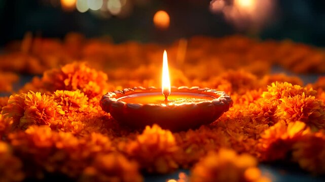 Loop video. 30 seconds. A single burning candle. Diwali, the Hindu festival of lights. Moving flame and lights in the background. Loop 30 seconds video.
