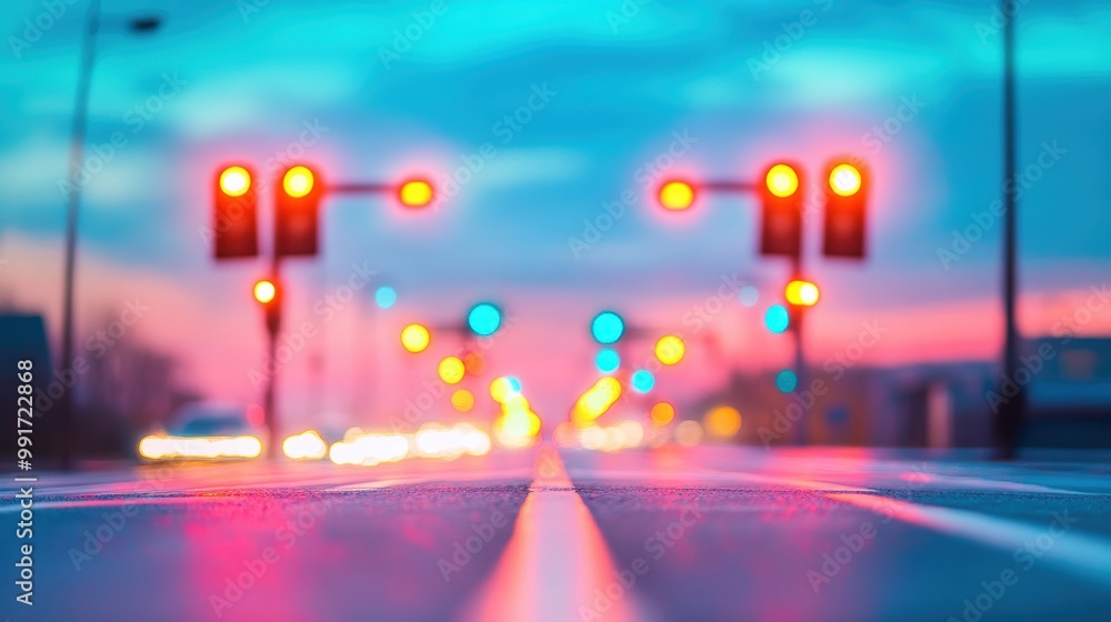 Poster a photo of a busy intersection with multiple traffic lights synchronized to ensure smooth traffic fl