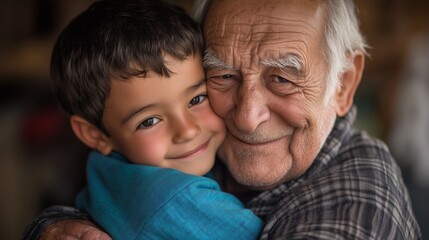 A joyful moment shared between a grandfather and grandson embracing warmly in a cozy indoor setting during a sunny afternoon