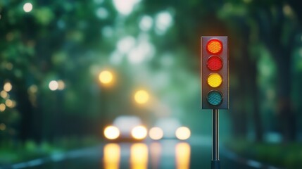 A close up of a traffic light changing colors, with cars waiting patiently for their turn.