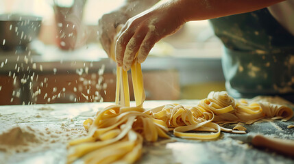 Hands skillfully crafting fresh pasta with flour in the air