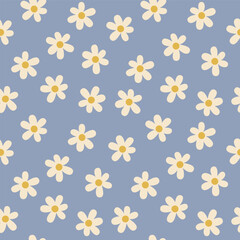 Floral millefleur seamless pattern. Cute boho chamomile flower ornament on blue backdrop. Naive art meadow flowers. Doodle style vector illustration for textile, wallpaper, wrapping paper. 