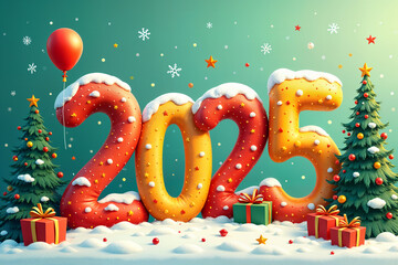 Festive illustration featuring the number 2025 prominently displayed, surrounded by Christmas decorations such as trees, presents, and snowflakes.